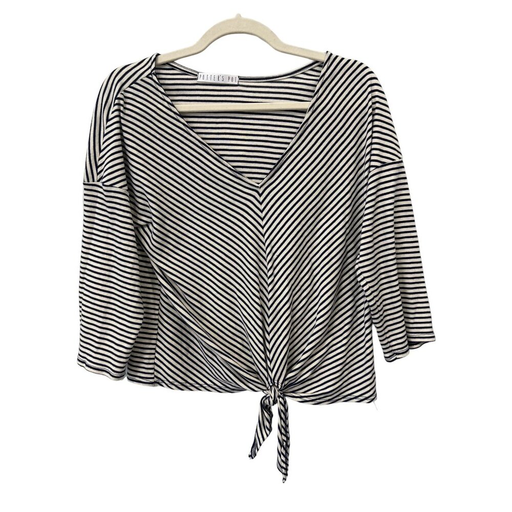 Potter's Pot Stripe Crop Top Women M Tie Front Coastal Cotton Blend Trendy Comfy